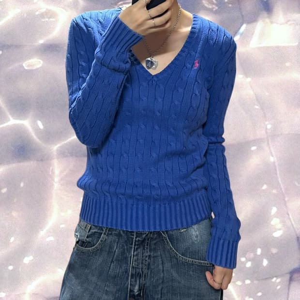 폴로 랄프로렌 브이넥 꽈배기 니트 블루 코발트블루 S 