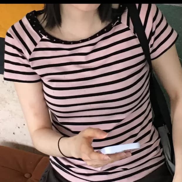 빈티지 스트라이프 도트 핑크 반팔티셔츠