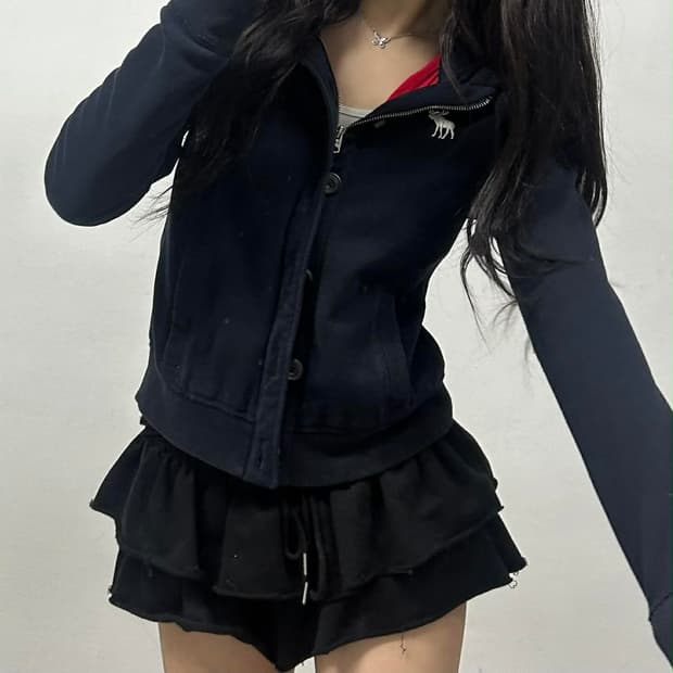 아베크롬비 y2k 블랙 대대장 스냅 버튼 후드 자켓 져지(M)