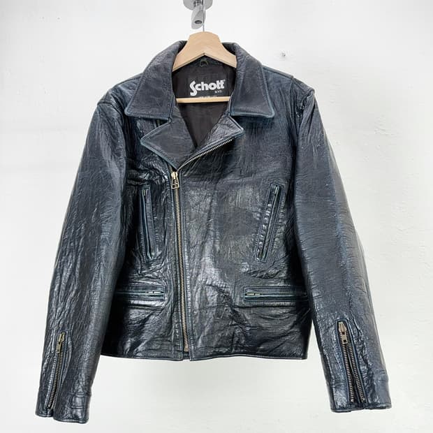 쇼트 블루 왁스 카빙 제뉴윈 레더 라이더 자켓