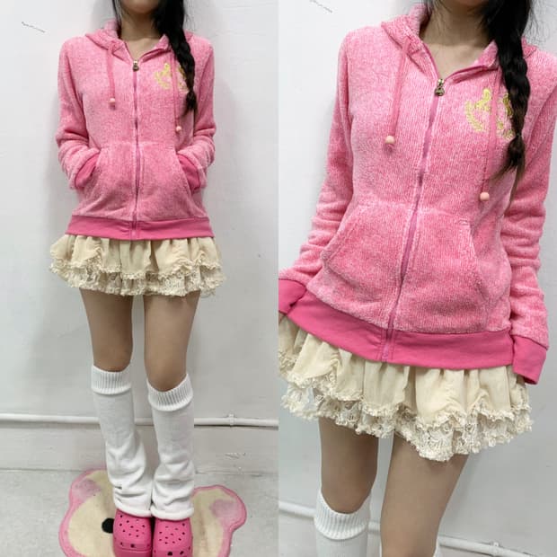 [SUNBLAZE] 갸루 핑크 리본 폭닥 후드집업