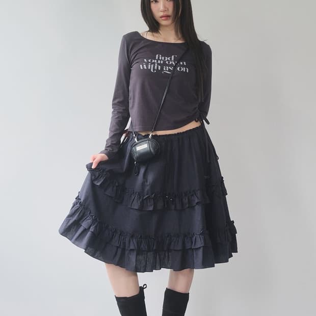 애즈온 체크 캉캉 미디스커트 네이비