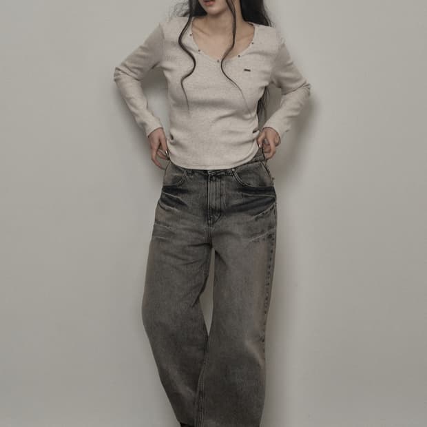 카키포인트 워싱 와이드 데님 s