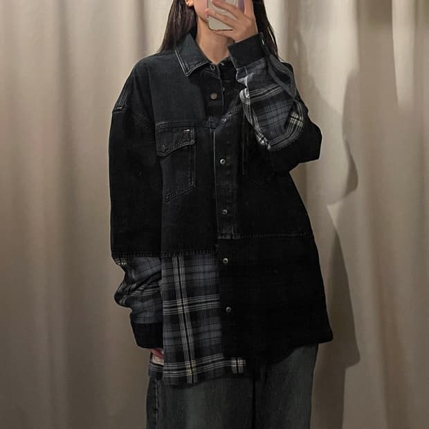 타미진스 체크 배색 데님셔츠