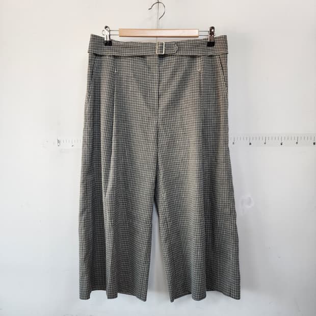 발렌시아 린넨 체크무늬 와이드 팬츠