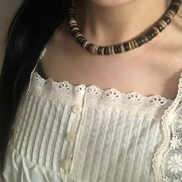 [hand made] 빈티지 볼드 브라운 우드비즈 목걸이