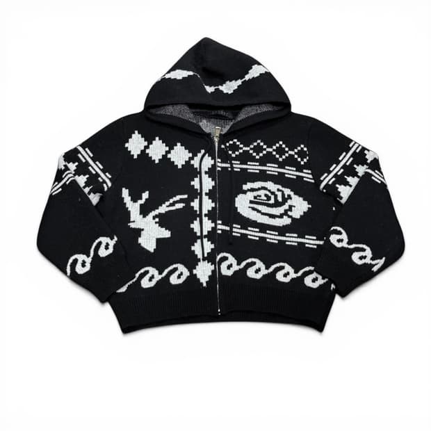 우먼FREE TANKUS 블랙 자카드 니트 후드집업