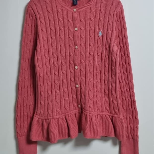 실측 S (55) 폴로랄프로렌 핑크 꽈배기 니트 가디건