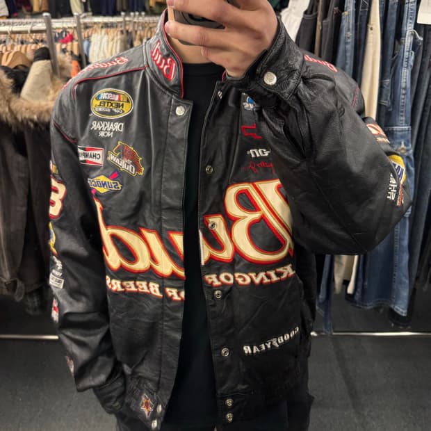 XL)제프 해밀턴 빈티지 버드와이저 레더 레이싱 자켓