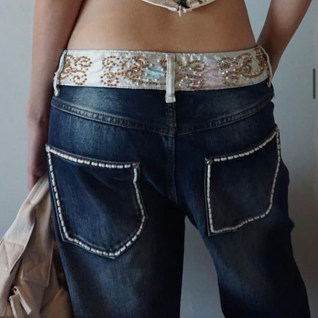 스컬프터Beaded Waist Denim Pants Indigo Blue