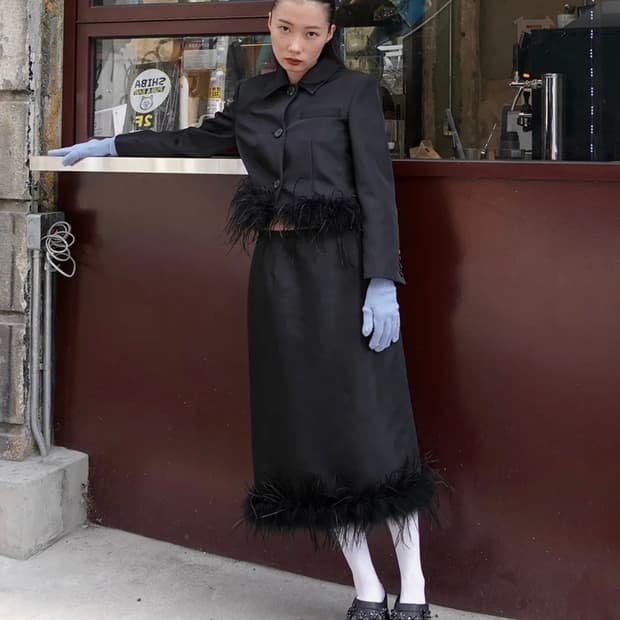 [새상품] 문선 타조 털 스커트 블랙 Ostrich Hair Skirt