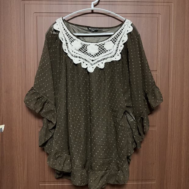 모리걸 라떼갸루 하구미 일본 빈티지 도트 크로셰 쉬폰 판쵸 블라우스