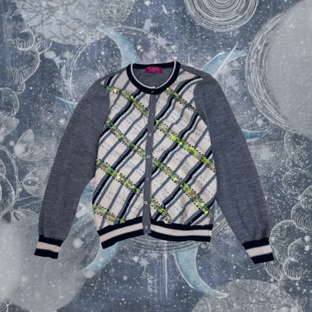 빈티지 그레이 스팽글 체크 패턴 가디건