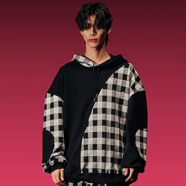 레큘리 체크 배색 후드티