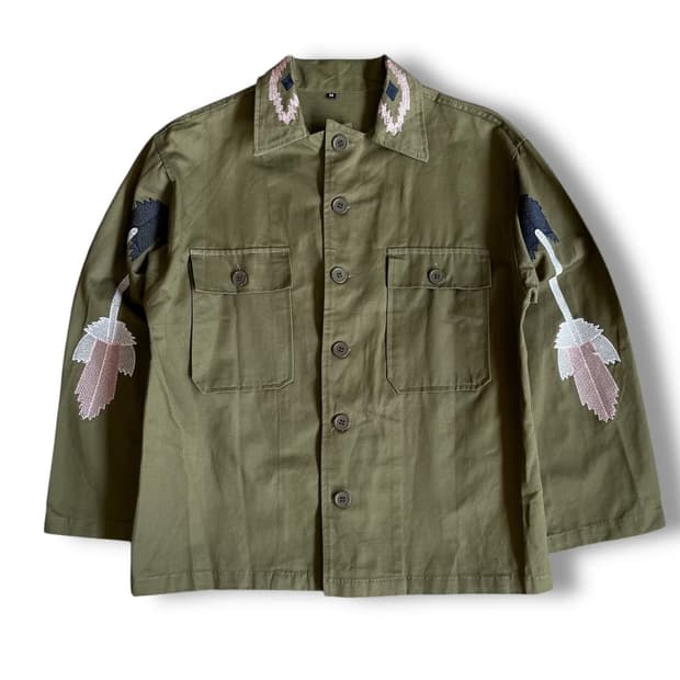 빈티지 카키 자수 워크 셔츠 자켓 M