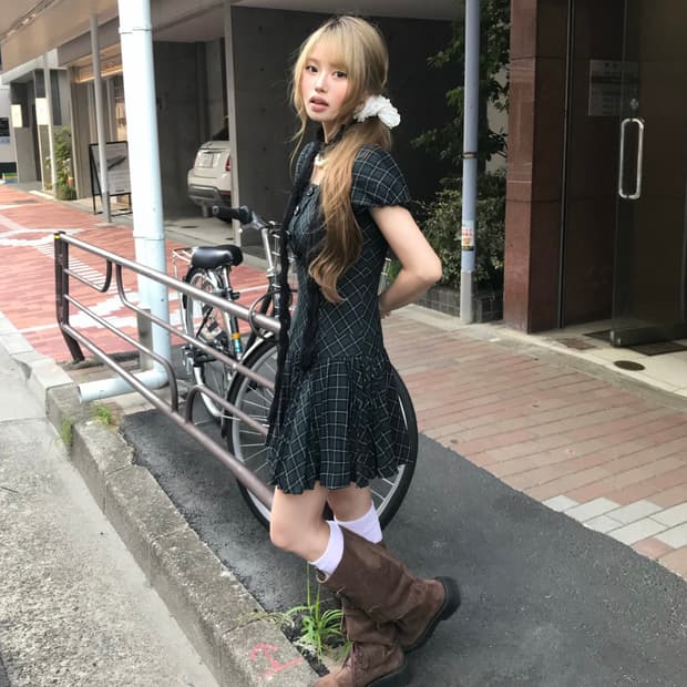 버버리 블루라벨 체크 퍼프 버튼 원피스