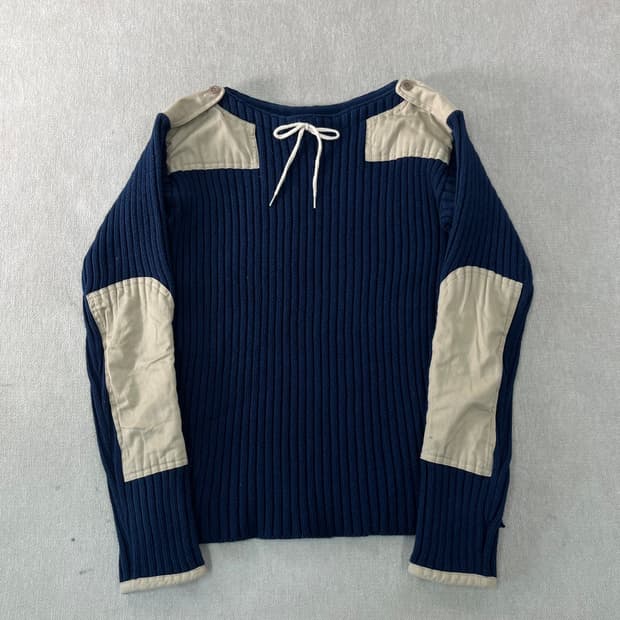 W 95 빔즈 보이 블루 아이보리 아메카지 라운드넥 골지 니트