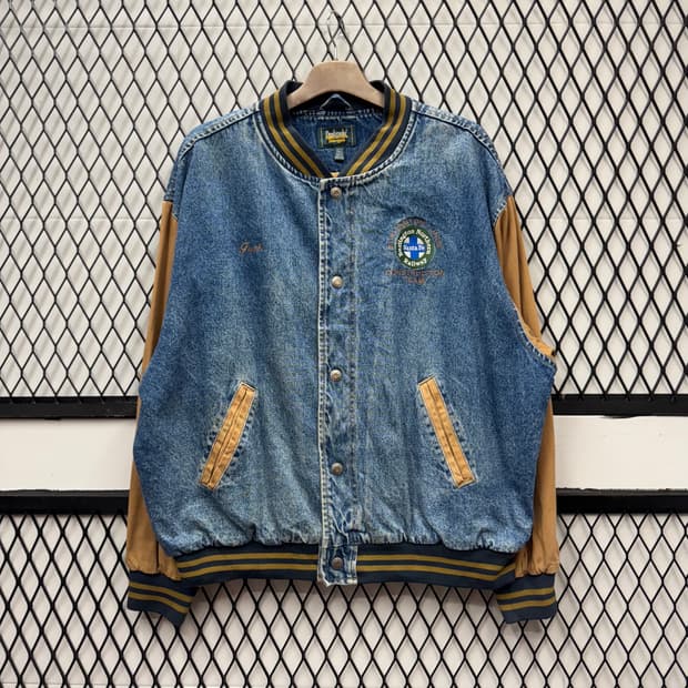 USA VTG 90s 빈티지 데님 바시티 베이지 배색 워크 자켓
