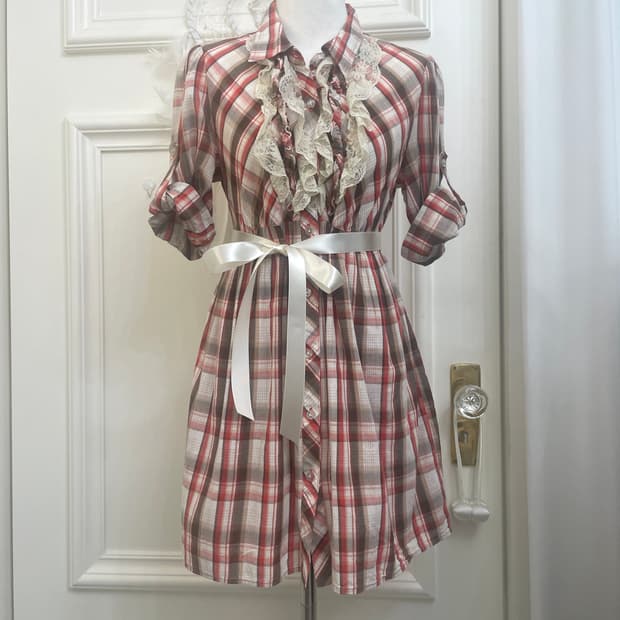 red brown check roll-up lace point midi