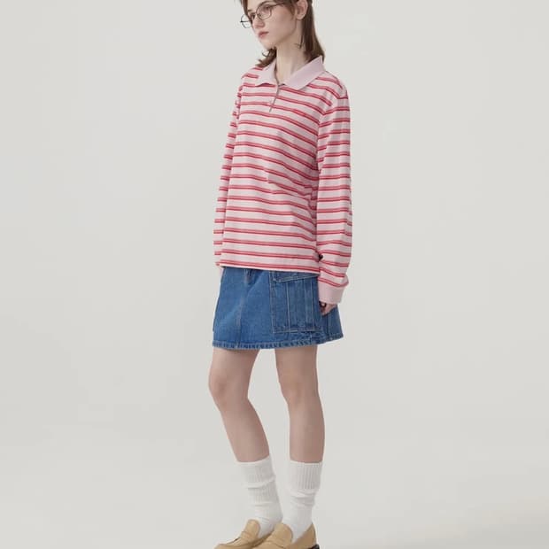 커버낫 우먼 스트라이프 럭비 롱 티셔츠 Light Pink