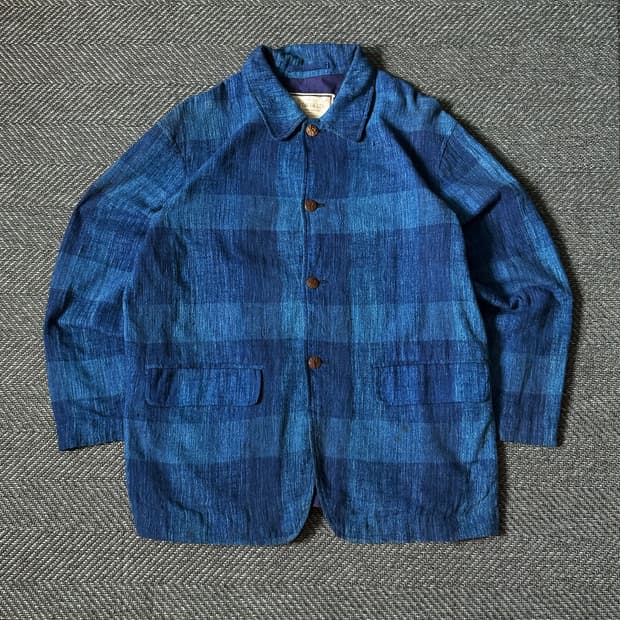 90s MENS BA-TSU 체크 인디고 블루 워크 자켓 (105)