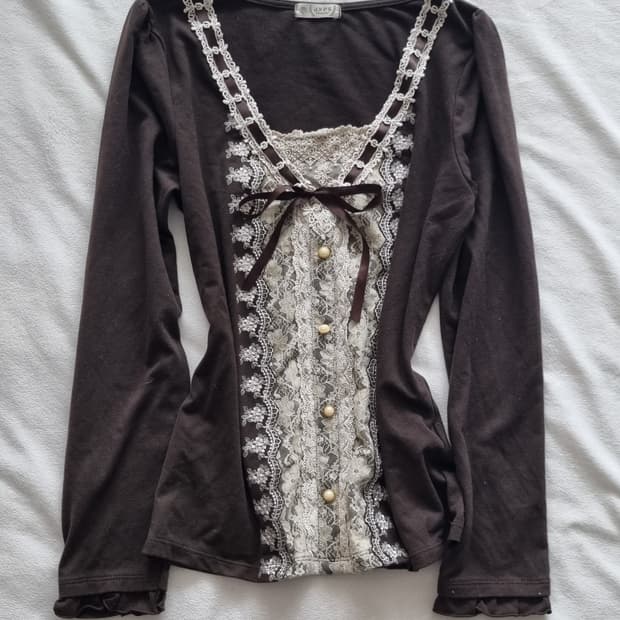 빈티지 엑시즈팜 브라운 갸루 리본 레이스 탑