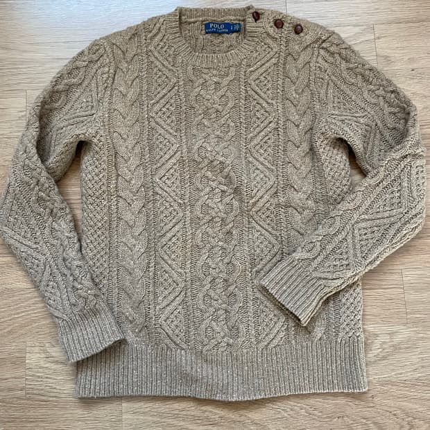 폴로 베이지 케이블 어깨 호두 버튼 핸드 니트 울 rrl 컨트리 랄프로렌