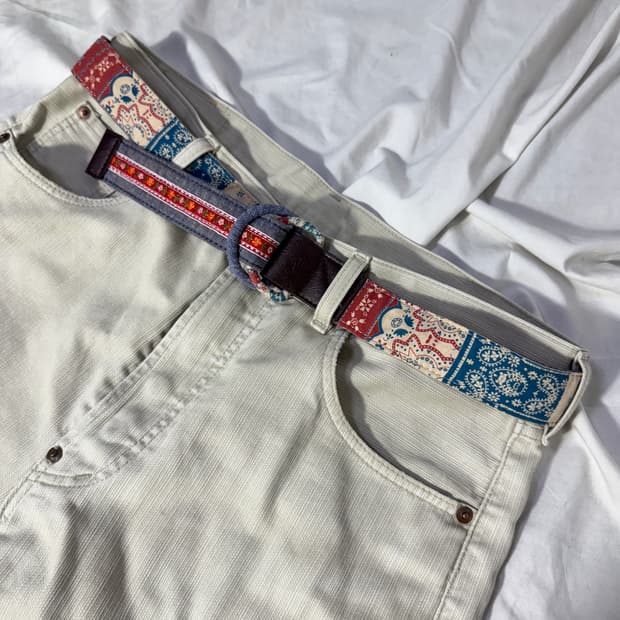 빈티지 리버시블 페이즐리 플라워 자수 패턴 패브릭 링 벨트