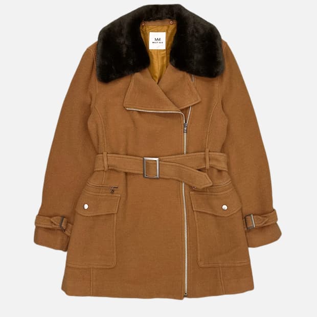 camel belted fur wool coat