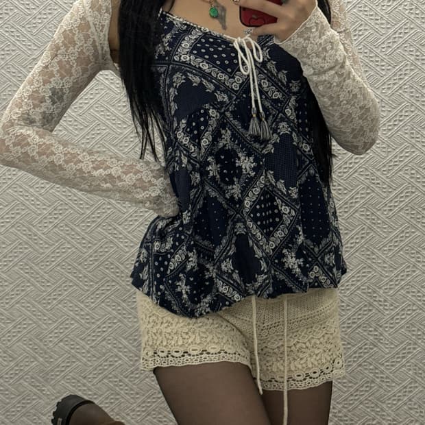 게스 보헤미안 에스닉 페이즐리 태슬 여름 끈 나시 K0399