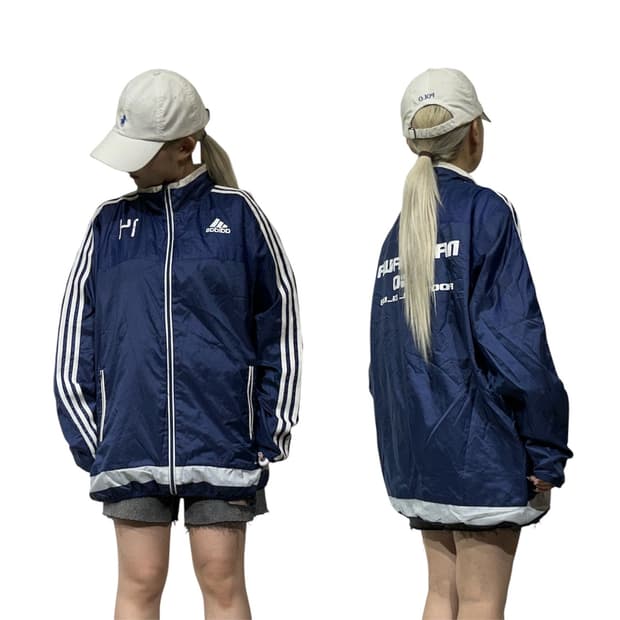 아디다스 네이비 화이트 삼선 바람막이 오버핏 트랙 자켓 XL
