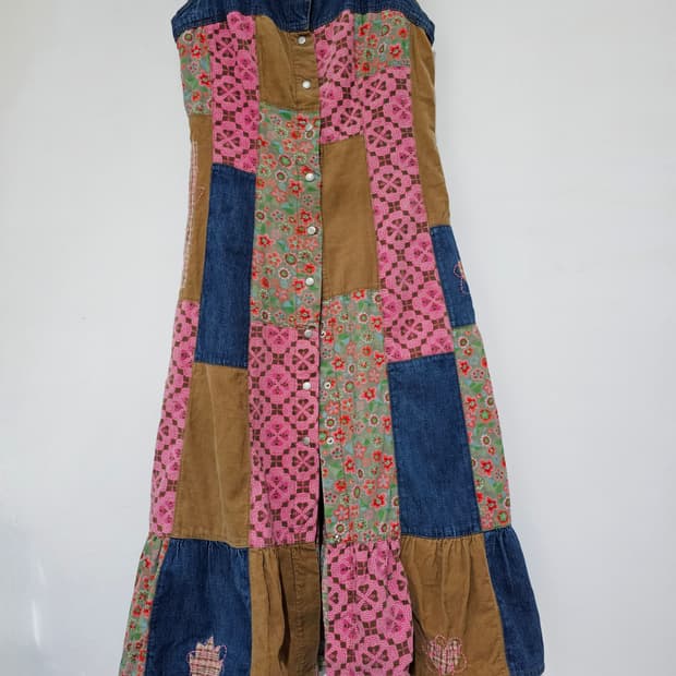 오일릴리 데님  코듀로이 패치워크  풀버튼  롱 원피스  55반-66