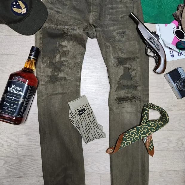 POLO RALPH LAUREN 카키 올리브 데님 팬츠 카모플라주 성조기