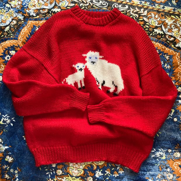 뉴질랜드 메이드 빈티지 레드 쉽 양 크로쉐 뜨개 니트 스웨터
