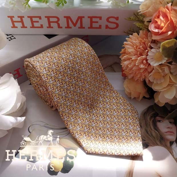 에르메스 새 모티브 넥타이 옐로우 8.5cm A+~A등급 K2468