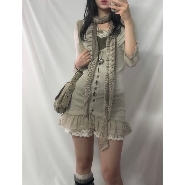 페어리 러플 가디건 레이스 셔링 슬리브리스 3pcs SET