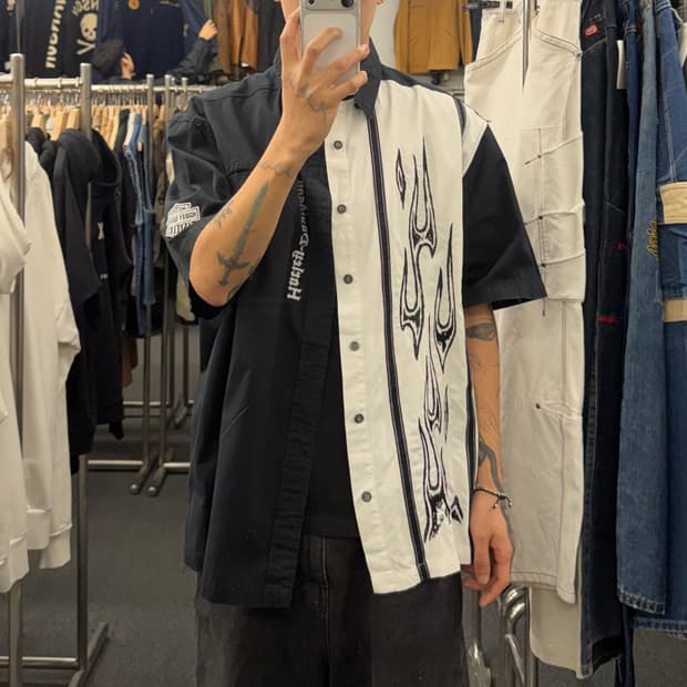 XL) 할리데이비슨 빈티지 플레임 자수 하프 반팔셔츠