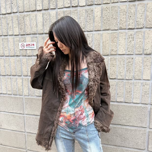 브라운 퍼 디테일 자켓