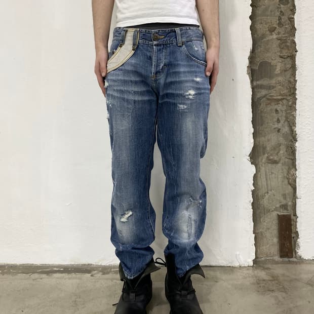 저스트 카발리 레더 데님 팬츠