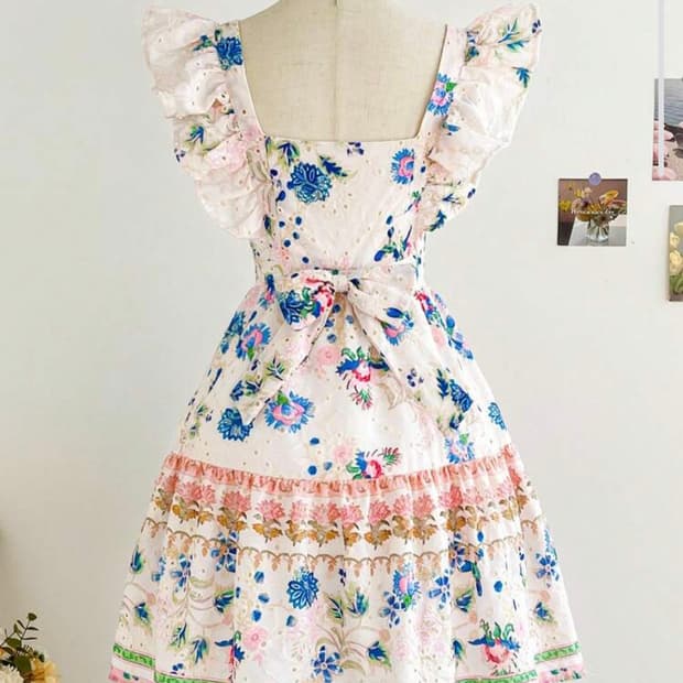 shein 빈티지무드)플라워 펀칭레이스 리본 핑크히메로리타로맨틱캉캉원피스