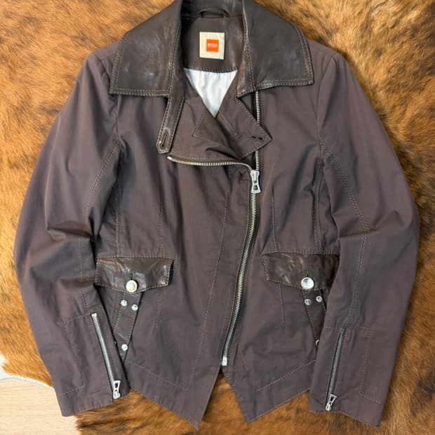 휴고 보스 레더 카라 더블 자켓 