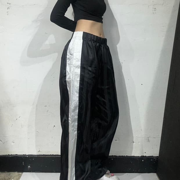 푸마 블랙 와이드 화이트 사이드 라인 트랙 팬츠 추리닝 바지 L