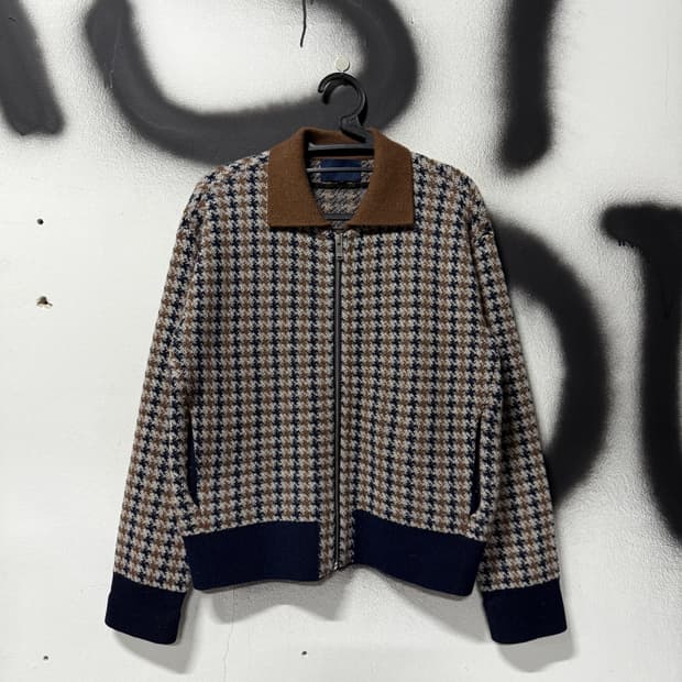 빈폴 하운드투스 체크 울 95% 니트 집업 자켓