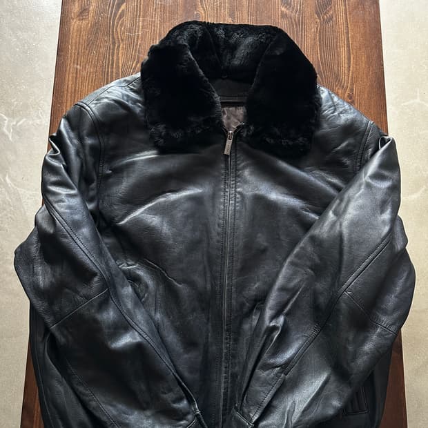 Parkland 빈티지 블랙 퍼 카라 레더 블루종 자켓