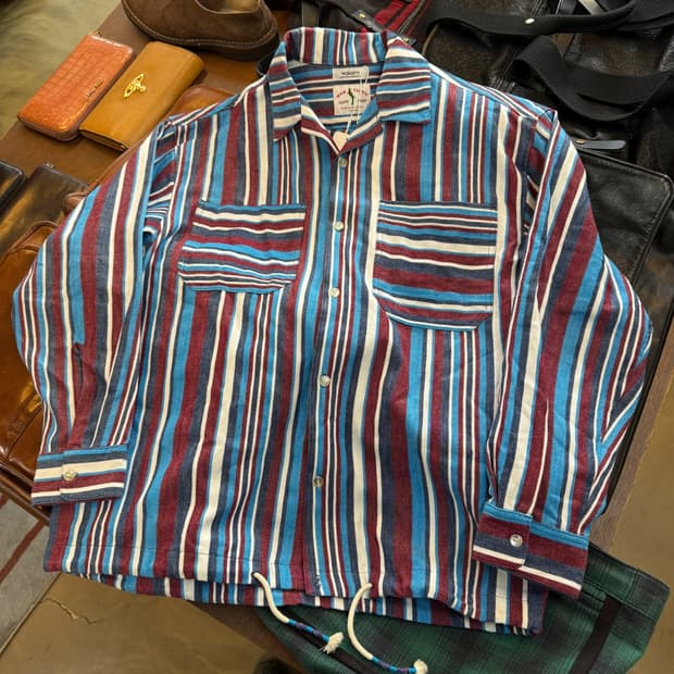 와카미 스트라이프 과테말라 생산 코튼 오픈카라 셔츠자켓