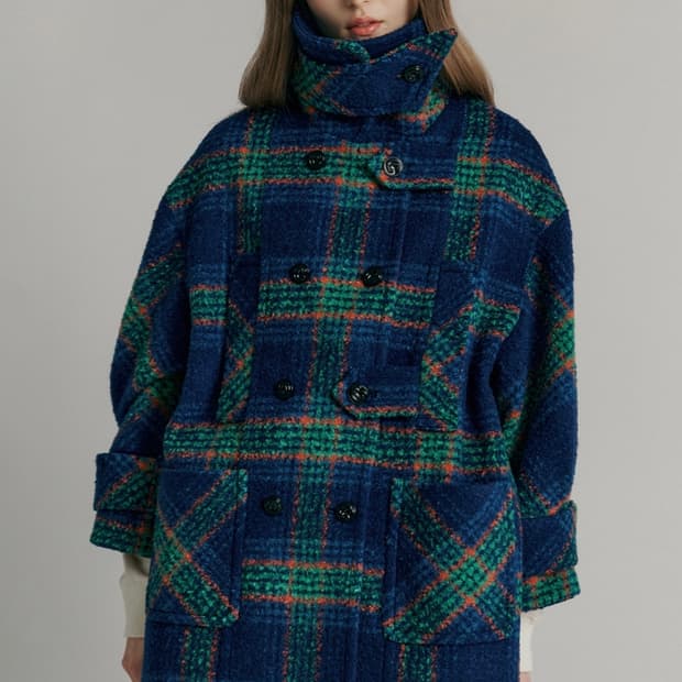 코오롱 MAXZA 컬렉션 체크 패턴 볼륨소매 하프코트