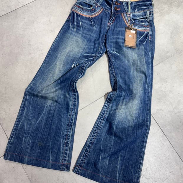 Fetish Jeans 빈티지 스티치 워싱 투버튼 와이드 데님 팬츠 바지