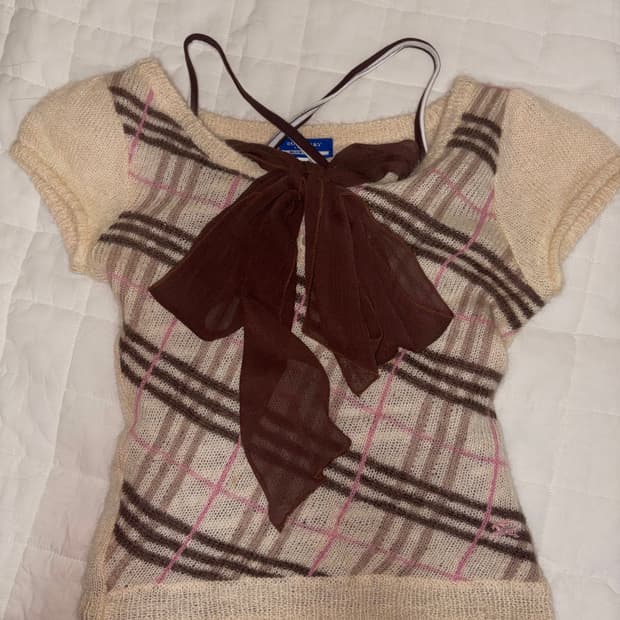 라떼갸루 빈티지 버버리 블루라벨 딸기초코 체크 반팔 니트 히메갸루 stc