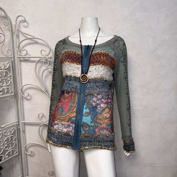 Ash blue hippie oriental mesh knit zipup