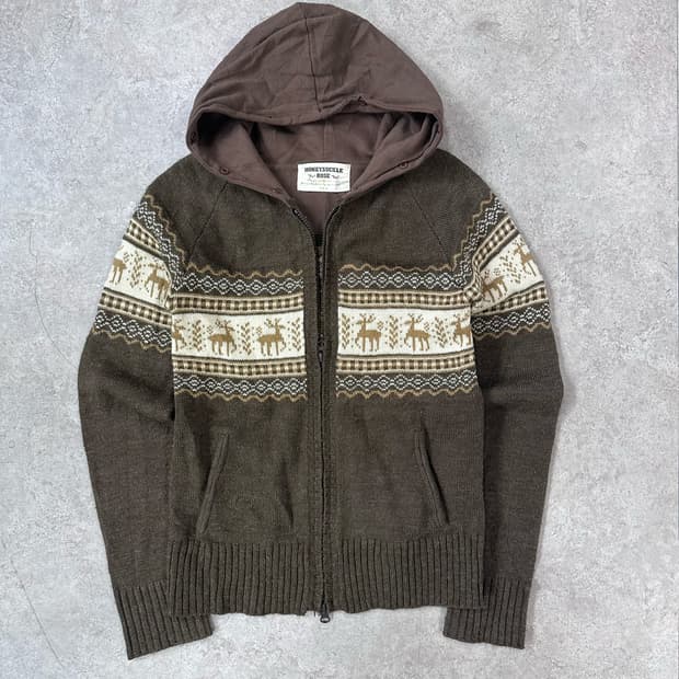 brown nordic knit hood zip-up